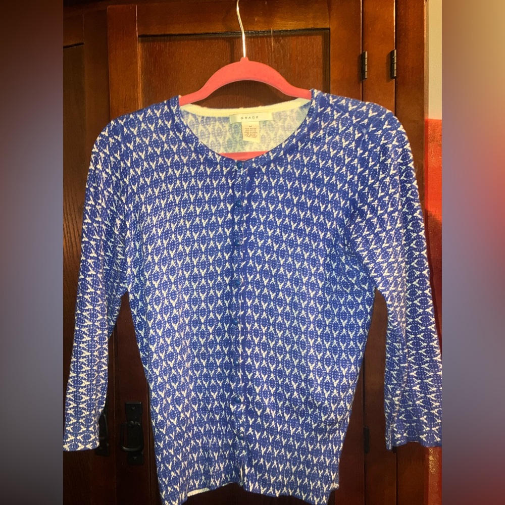 Blue/White Pattern Buttoned Women’s M Cardigan Ra… - image 1